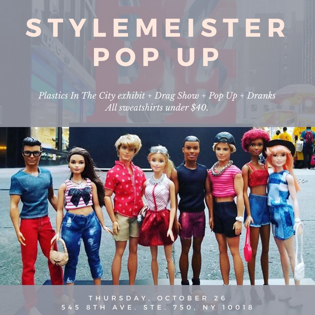 StyleMeister's tweet image. Happening tomorrow! All sweatshirts go for under $40! Plus Barbie exhibit by Plastics In The City &amp;amp; a fab drag show. 6-8pm. See you there!