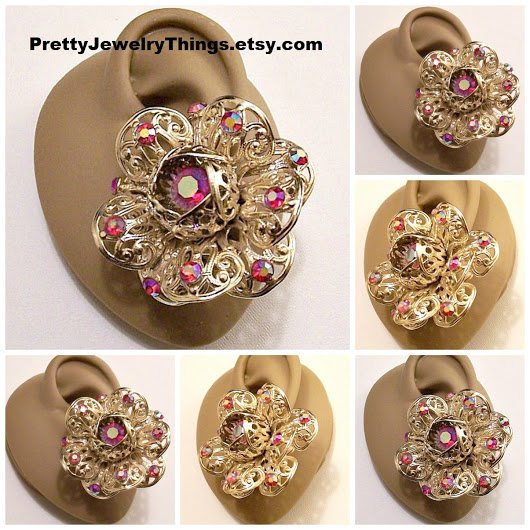Red Stone Filigree Petal Flower Clip On Earrings Gold Tone Vintag… tuppu.net/aeb06d62 #Etsy #LargeFlowerEarring