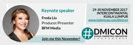 DMICON17's tweet photo. Freda Liu Producer &amp; Presenter @BFMradio – thank you for coming on board the #DMICON! It’s going to be https://t.co/nXiDg3zfLR