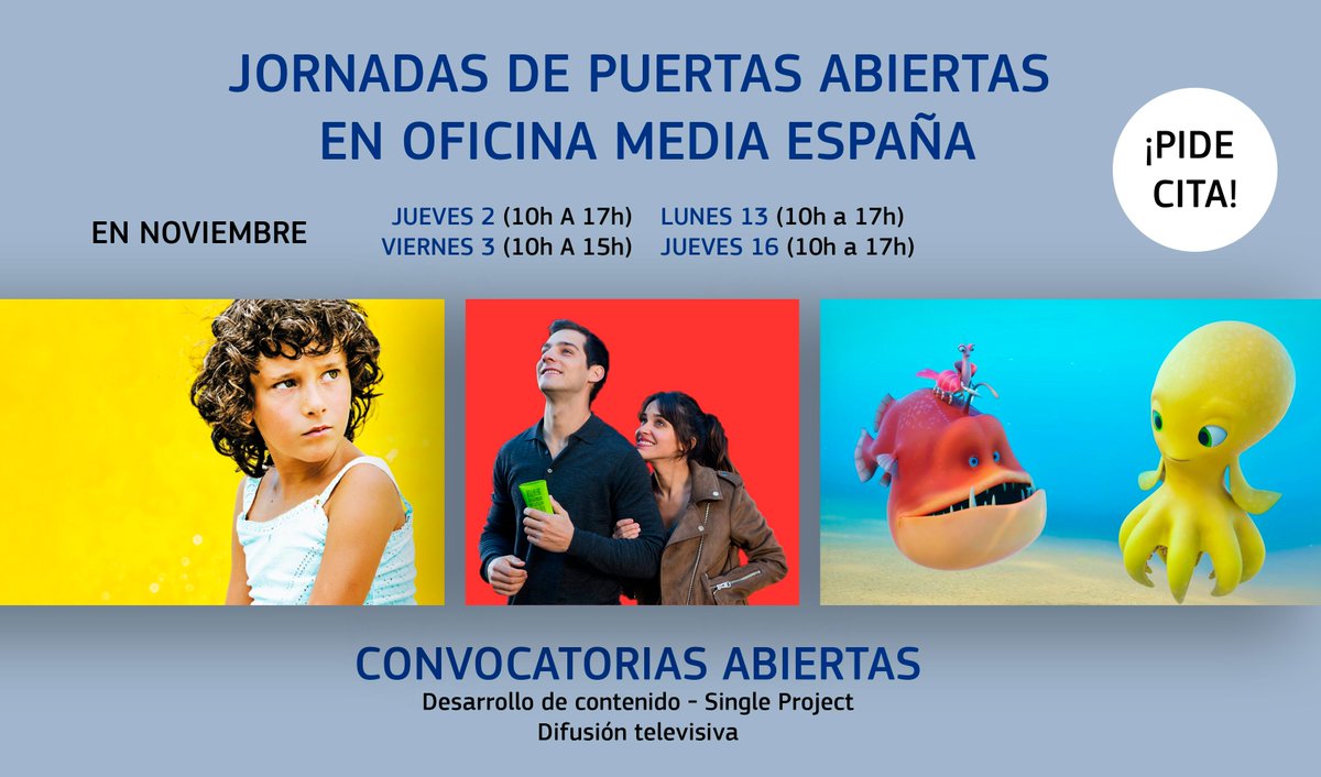 Jornadas de puertas abiertas <a href="/OficinaMEDIAEs/">Oficina MEDIA España</a> Convocatorias Ayudas Desarrollo de Contenido-Single Project. Pide cita! bit.ly/2yKDdlq
