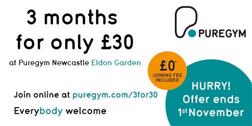 PureGym_ELDON's tweet photo. 3 months for £30 @PureGym_ELDON offer ends 1st Nov https://t.co/BQglUUrOis @NUSUfreshers @nclfreshers2017 @NorthumbriaUni @EldonGarden https://t.co/b6pYoyfshf