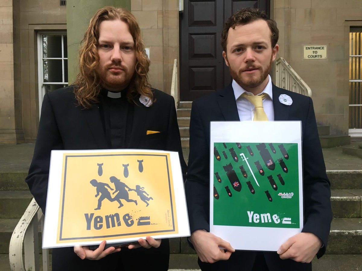 Holding art by <a href="/A7medJa7af/">Ahmed Jahaf احمد جحاف</a> who is living under #Saudi bombardment in #Yemen outside court today. #StopArmingSaudi