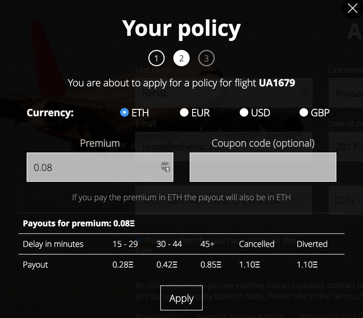 etherisc's tweet image. Going to Cancun for #d1conf or #DevCon3? Insure your flight on #blockchain, now fully licensed. Pay with ETH or fiat fdd.etherisc.com