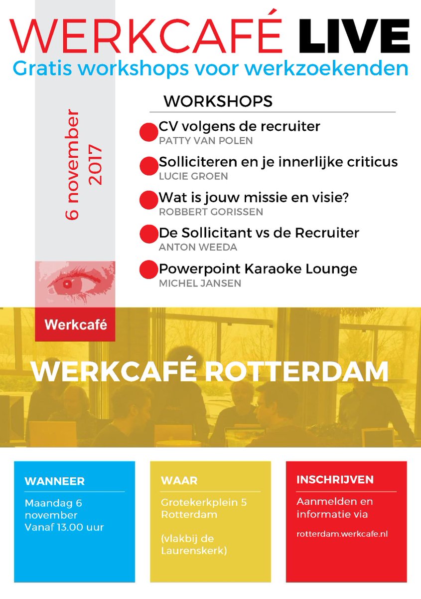 Werkcafe's tweet photo. OP 6 november is er weer Werkcafé Live 010. Gratis workshops voor werkzoekenden. Meld je nu aan via https://t.co/YelmL6LFI6 https://t.co/yPKu9A7d2f