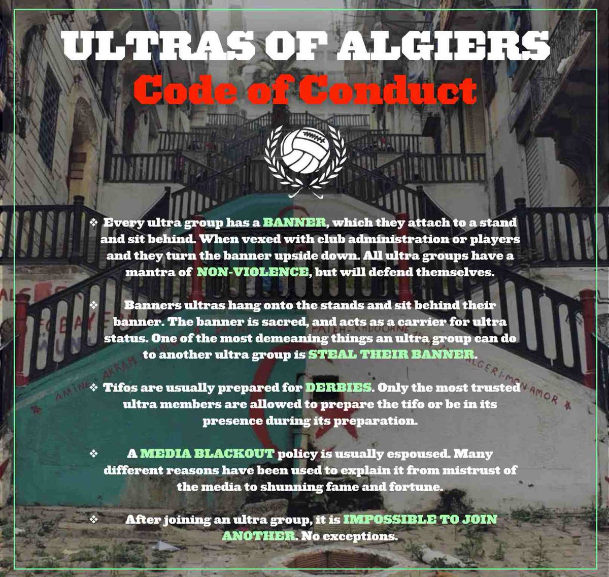 sheikhfc_'s tweet photo. ⚡ ULTRAS OF ALGIERS' CODE OF CONDUCT 💪
Read it carefully !
↪️Our article about Ultras of Mouloudia #VerdeLeone: https://t.co/cPcXjnDTJP https://t.co/1vb5phmJRk