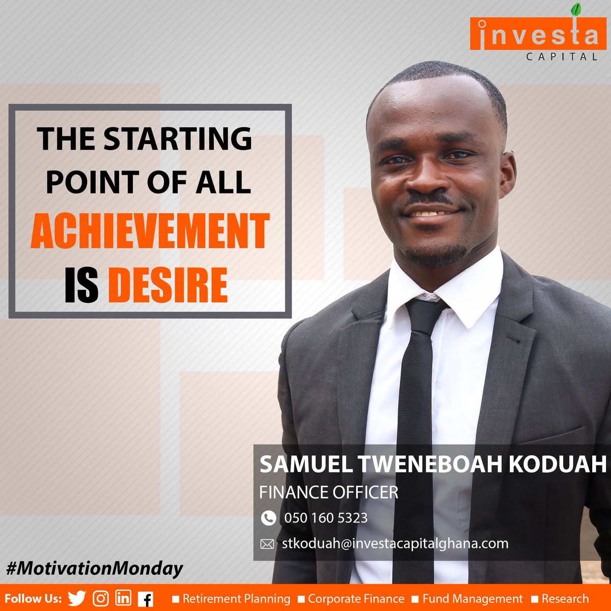 Investa_gh's tweet photo. #investment #investagh #investmentbanking #motivationmonday #investacapital #getready #wisesayings #staff https://t.co/1nkVIqlFB9