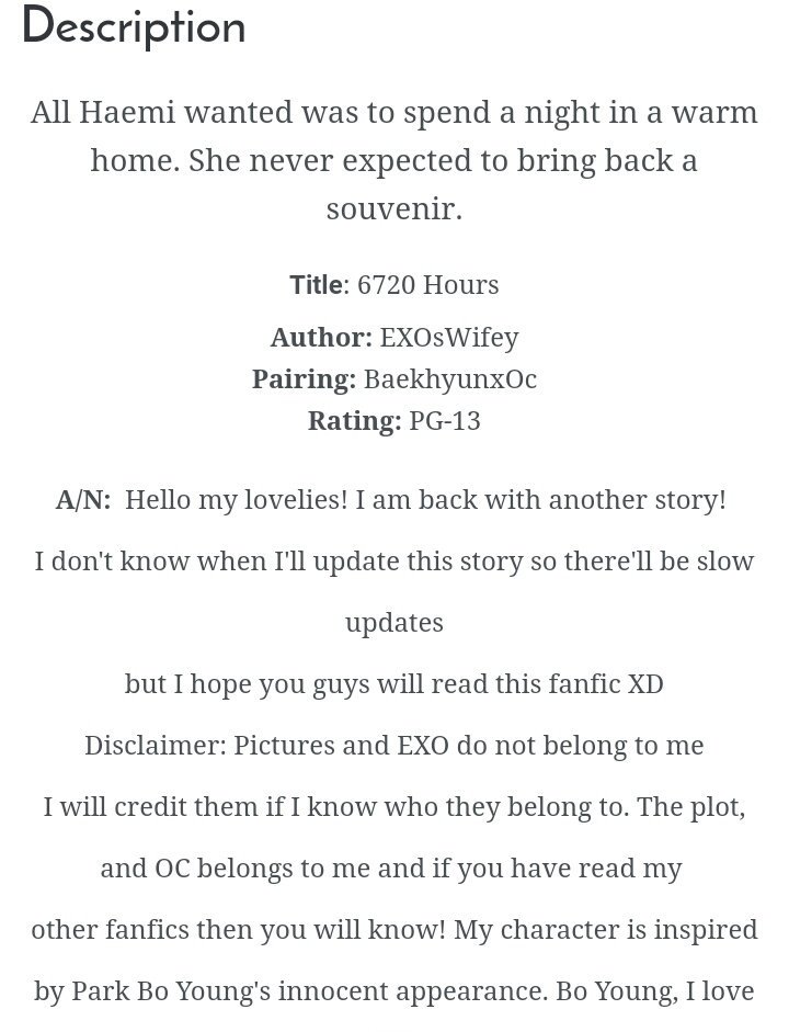  6720 Hours Romance Completed Baekhyun http://www.asianfanfics.com/story/view/1002933/6720-hours-angst-pregnancy-romance-exo-baekhyun-baekhyunxoc-byunbaekhyunexo