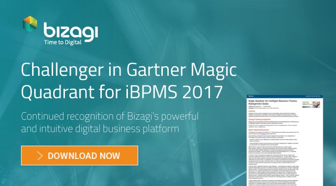 bizagi's tweet image. [NEWS] 2017 Gartner Magic Quadrant for iBPMS. Gartner continues to recognize Bizagi as a Challenger in #BPM → okt.to/ouMbZ1