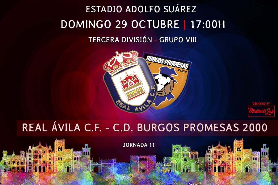 RealAvilaCF_EFM's tweet photo. 3ª DIVISIÓN G.VIII | Jornada 11

⚽ @RealAvilaCF 🆚 @BurgosPromesas  
📆 Domingo 29 de octubre 
⏱ 17:00 horas
🏟 Adolfo Suárez
#VamosÁvila 🔴🔵 https://t.co/Hu0zlG0cXz
