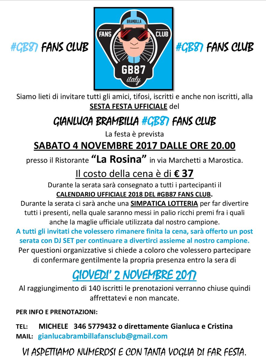 Cena del <a href="/glbrambilla/">Gianluca Brambilla</a> fans club sabato 4 novembre 2017 presso il ristorante la Rosina di Marostica..info e prenotazioni 3465779432