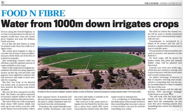 yes2gas's tweet photo. A state of the art pivot irrigation system at @SantosNSW Leewood property using treated water. Healthy looking crop 🌱 https://t.co/GXLL5TlriM