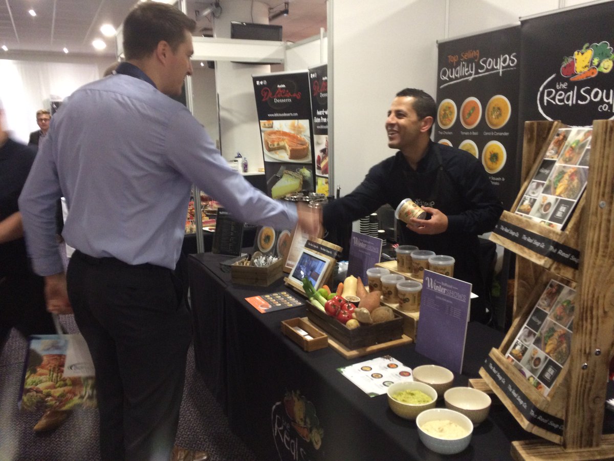 RealSoupCo's tweet photo. Our @Divers001's handshake is so passionate that it can't be detected by normal cameras! @BidfoodUK #BidfoodWinterShows #realsoup https://t.co/NsbfnbxNB1