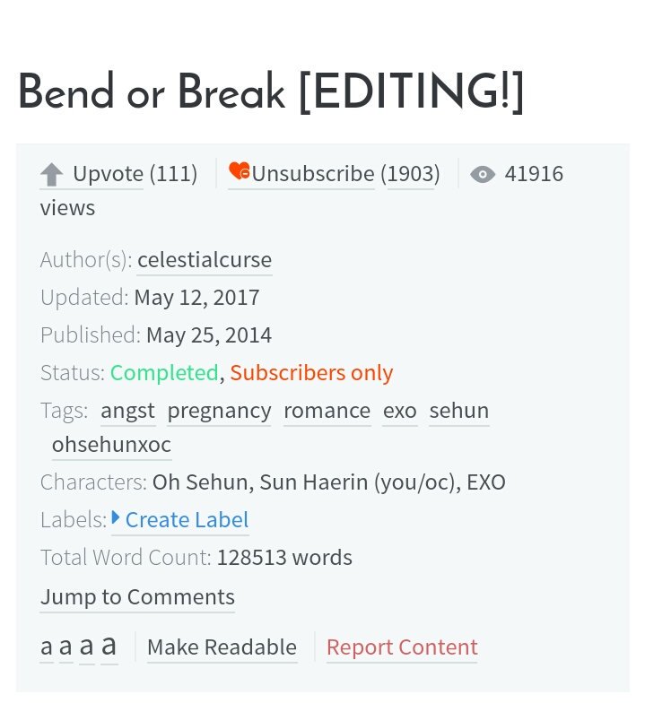  Bend or break Fluff, angst Completed Sehun x Oc http://www.asianfanfics.com/story/view/742810/bend-or-break-editing-angst-pregnancy-romance-exo-sehun-ohsehunxoc