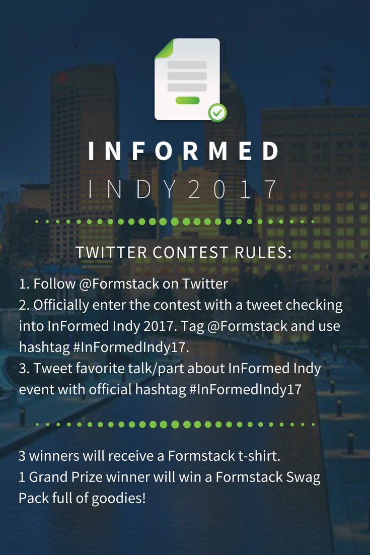 Formstack's tweet image. Are you at #InFormedIndy17? Enter for a chance to win some #Formstack swag (& we've got a strong swag game 😎). Twitter only, rules below: