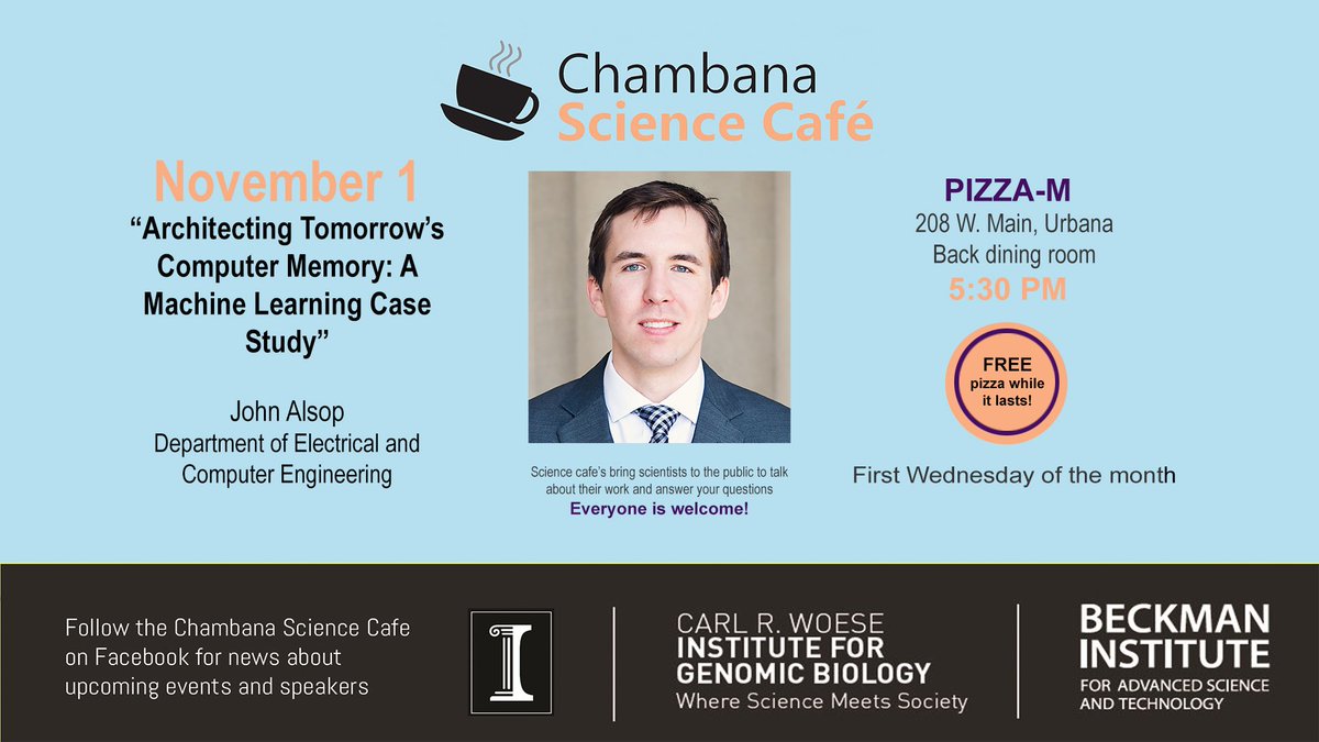 Join us next Wednesday (11/1) at 5:30 <a href="/UrbanaPizzaM/">Pizza M</a> for the November installment <a href="/ChambanaSciCafe/">Chambana ScienceCafe</a>! Free pizza while supplies last!