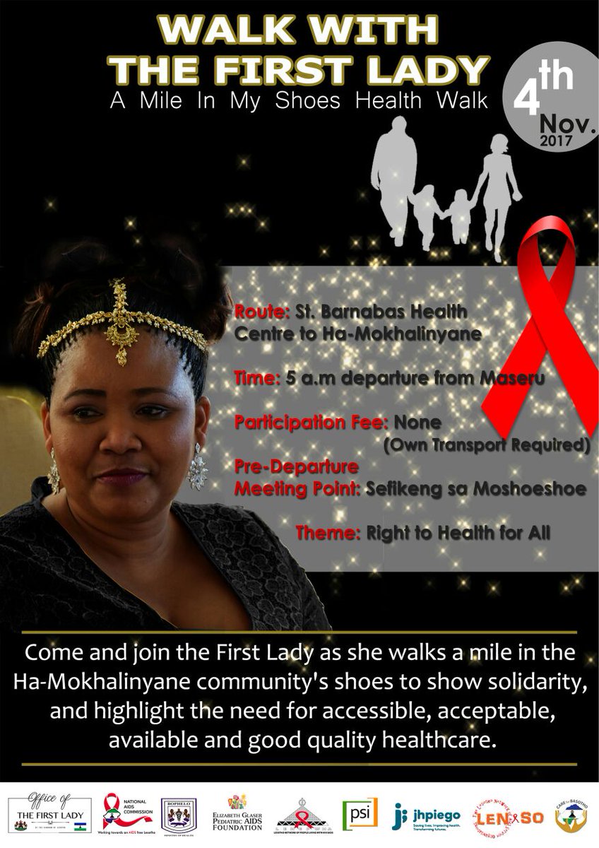 naclesotho's tweet image. A Walk with the First Lady, the Walk a Mile in My Shoes Walk on Saturday 4th November, 2017, Ha-Mokhalinyane. Departure from Maseru at 5am.