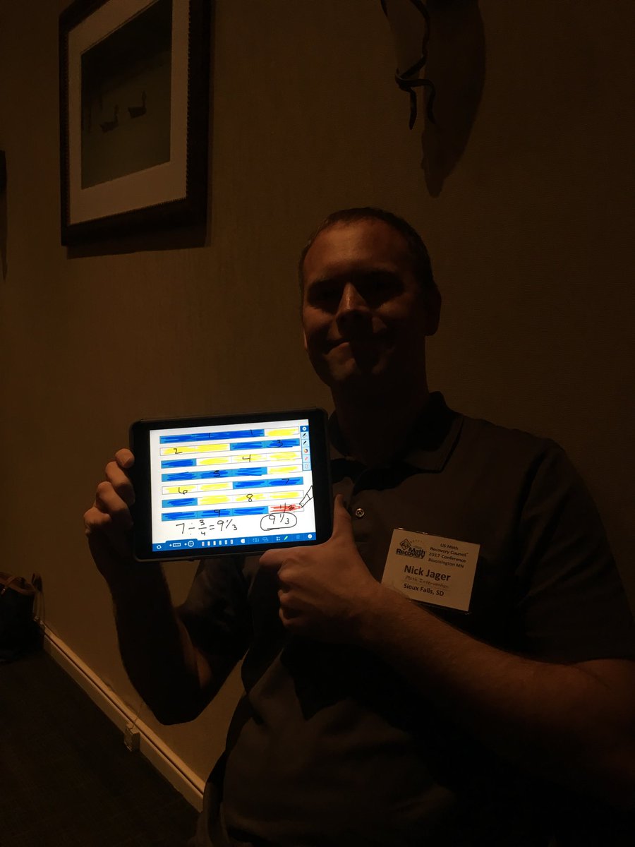 marriamath's tweet photo. Nick Jager with @MLCmath and Pia Hansen loving the fraction app 7 divides by 3/4 #MR17conf https://t.co/LzeiIgwrbc