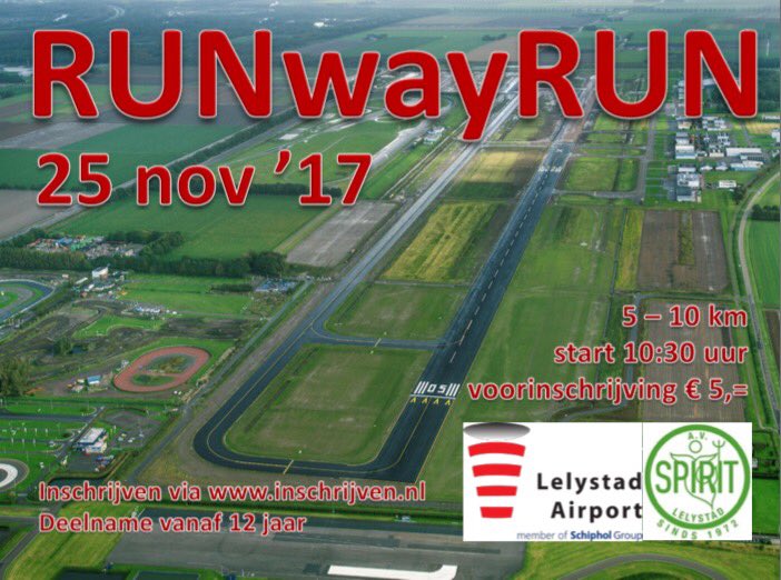 Doe mee aan de 1ste en enige RUNwayRUN op 25nov2017. Wij liggen met de voorbereidingen op schema. Schrijf je in op inschrijven.nl