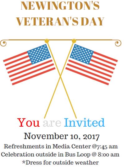 NewingtonElem's tweet photo. Newington Elem invites Veteran's to our Veteran's Day Ceremony on Fri, Nov 10 @ 7:45am for refreshments &amp; @ 8:00am for ceremony. https://t.co/IinoCda1BQ