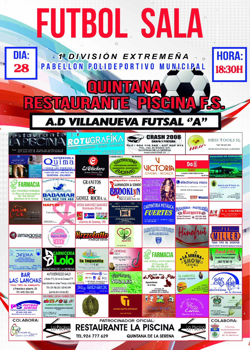 QuintanaFS's tweet photo. Fútbol sala!!

📆 Sábado 28 de Octubre
🕡 18:30
⚽ Quintana Restaurante Piscina FS vs Villanueva futsal.
🌍 Polideportivo municipal de Quintana https://t.co/okREikbacG