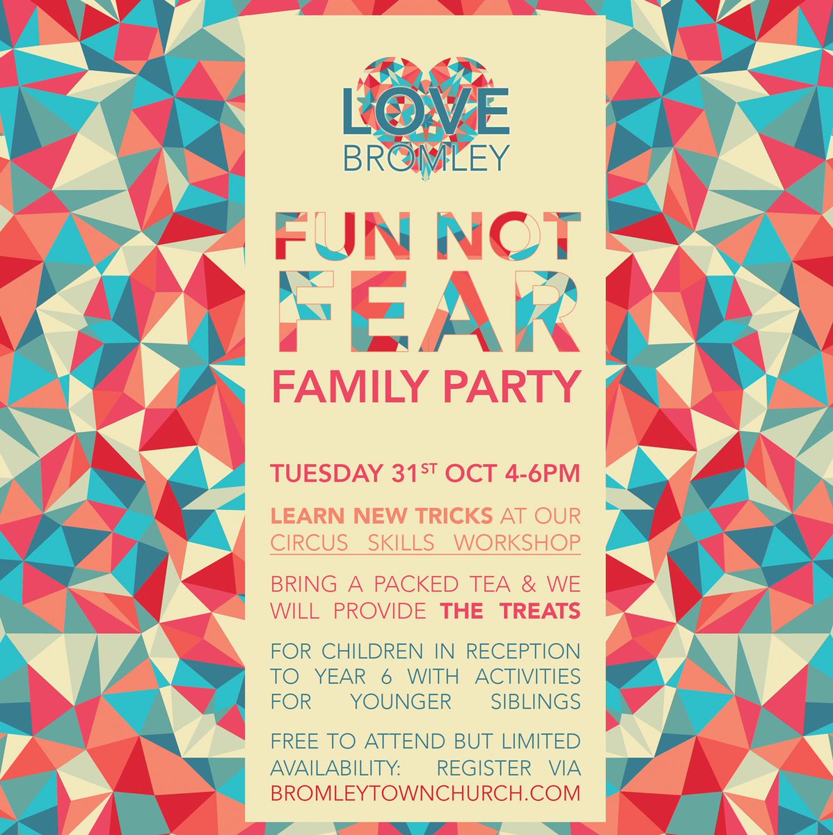 Places available for Love Bromley's Fun Not Fear Family Party on 31st October.

Click to sign up: bromleytownchurch.com/fun-not-fear/
#bromley