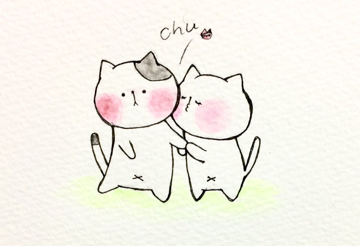 おこにゃん 不意打ちゅう 不意打ち ちゅう キス カップル ラブラブ 猫 ネコ ねこ イラスト 可愛い 1日1絵 癒し 手描き 絵描きさんと繋がりたい イラスト好きな人と繋がりたい お絵かき部 Cats