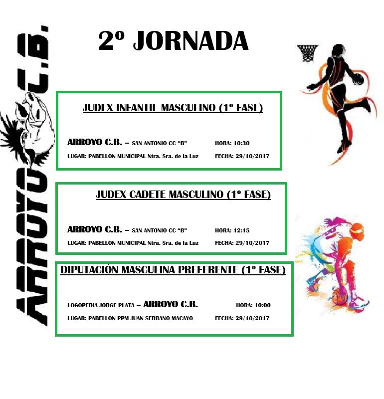 arroyocb's tweet photo. YA TENEMOS LOS HORARIOS DE LA 2º JORNADA DE NUESTROS EQUIPOS DE BALONCESTO.

MUCHA SUERTE PARA TODOS ELLOS https://t.co/bp4zCPWrmM