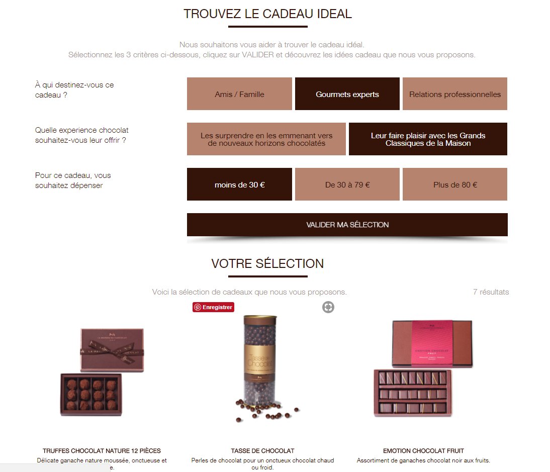La Maison du Chocolat guide les gourmands à trouver le cadeau idéal ! Une fonctionnalité comme le moteur à cadeaux vous aide à inspirer (et retenir) vos visiteurs les mieux organisés pour #Noel , ce qu'on appelle les "#early buyers". #CRO #ecommerce 
lamaisonduchocolat.fr/fr/guide-cadea…