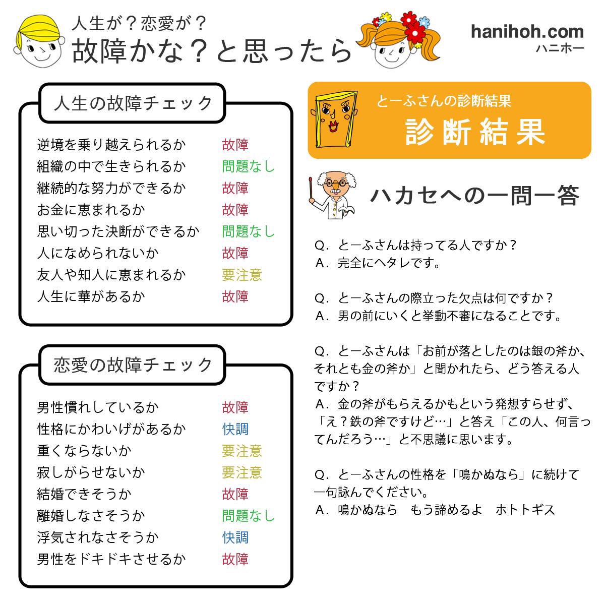 と う ふ 彼氏彼女ほしい診断 とーふさんに彼氏ができない理由 第1位 出会いが足りない 第2位 スレている 卑屈スレ 第3位 ネガティブ 自虐的すぎ 第4位 魅力不足 第5位 かわいげがない 詳細はこちら みんなやろう T Co と う ふ 彼氏彼女ほしい診断 とーふさんに彼氏ができない理由 第1位 出会いが足りない 第2位 スレている 卑屈スレ 第3位 ネガティブ 自虐的すぎ 第4位 魅力不足 第5位 かわいげがない 詳細はこちら みんなやろう T Co