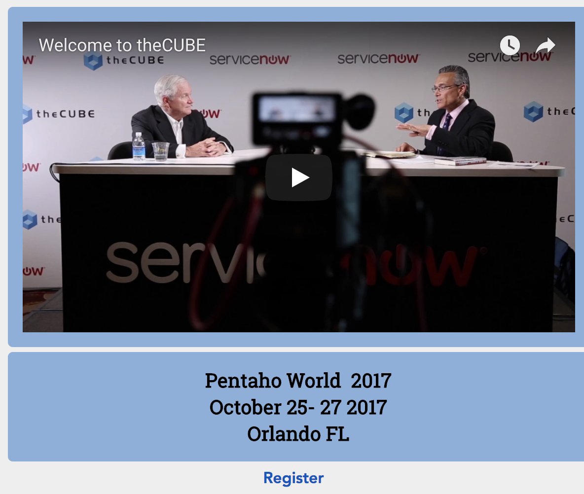 Pentaho's tweet photo. Tune in NOW - We're streaming the opening general session at #PWorld17! https://t.co/SpCM4acCl0 @theCUBE https://t.co/Twgcp1KBzP