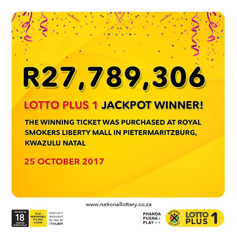 sa_lottery26's tweet photo. Congrats Pietermaritzburg! You have a #LOTTOPLUS1 jackpot winner of R27,789,306 from 25/10/17! #ManualSelection ticket wager amount was R80! https://t.co/vJrvbk3dOO