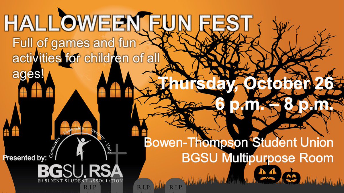BGSURSA's tweet photo. Today is the day! Join us tonight 6-8pm in the #BTSU Multipurpose Room for #HalloweenFunFest Games, candy, costumes and fun for the family! https://t.co/a47ZVbrZGS