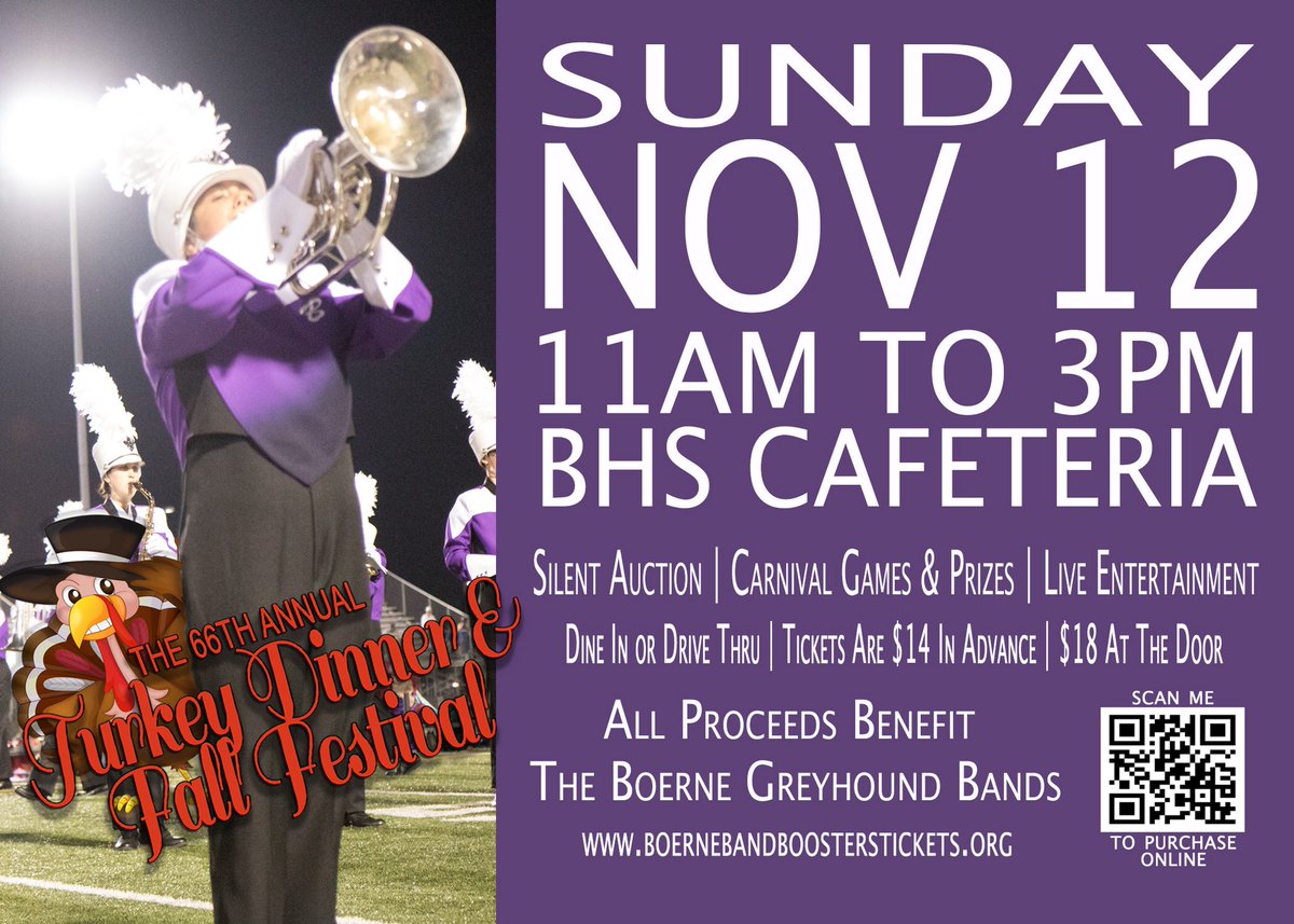TICKETS ON SALE NOW! #supportthekids #turkeydinner #fallfestival #boernegreyhoundband #boernetx