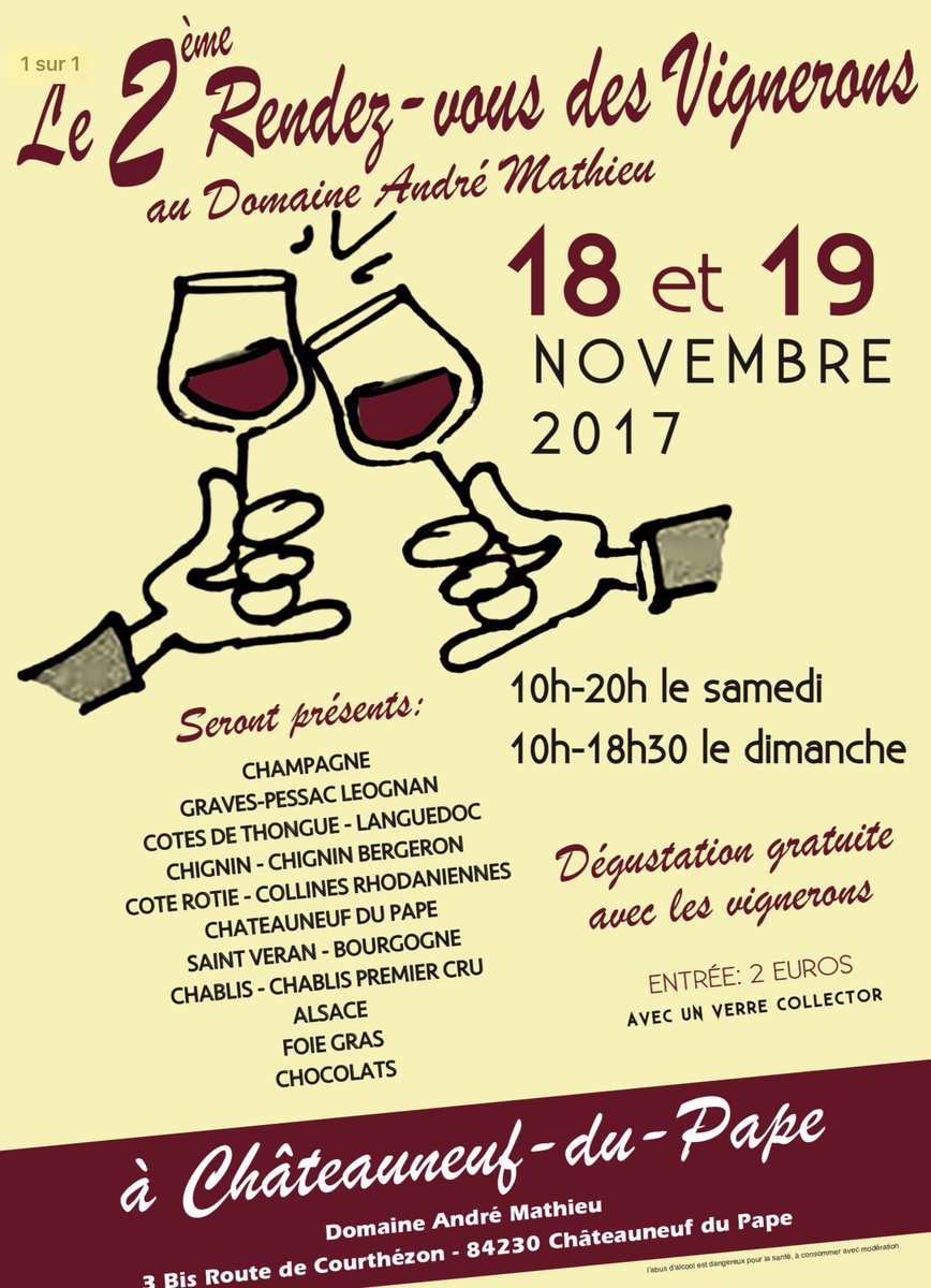 DneAndreMathieu's tweet photo. La date approche... #salondesvins #winetasting #chateauneufdupape #vignerons #france #foiegras #chocolats #noel2017 #degustation #weekend https://t.co/h57PZ5aZcw