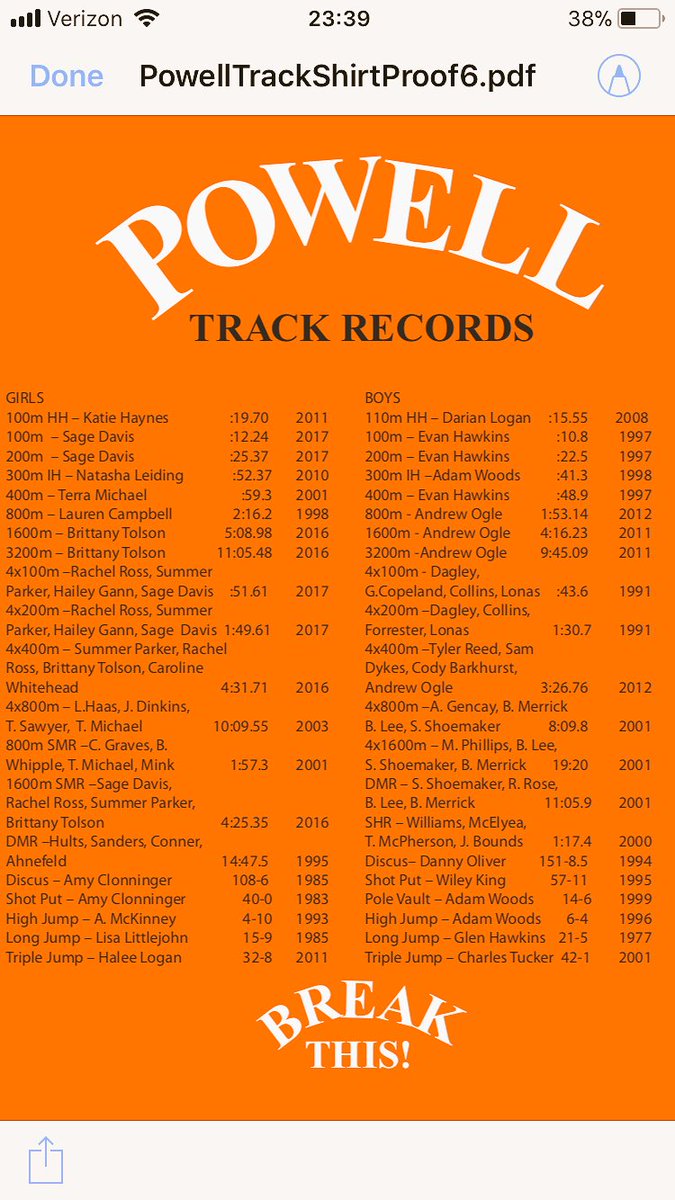 PowellHSTrack's tweet photo. U know U want one $15 (+$2 extended sizes) checks payable: Powell High #SafetyOrange #TrackRecords @jefferskristi @PHSPanthersAD #BreakThis https://t.co/6uevkffvz5