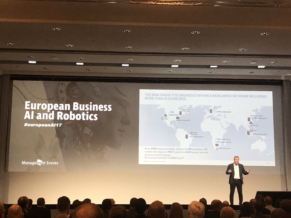ManagementEv's tweet photo. Klaus Straub’s keynote about how to become 100% agile organization and how does #AI support the development at #EuropeanAI17 #BMW https://t.co/kYtt9DD3NM