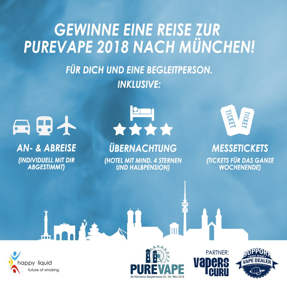 happyliquid's tweet photo. Macht mit und gewinnt eine Reise zu ersten Münchner Dampfermesse im März 2018! #Purevape #supportyourlocalvapedealer #ezigarette #dampfen https://t.co/sX18FvLl4y