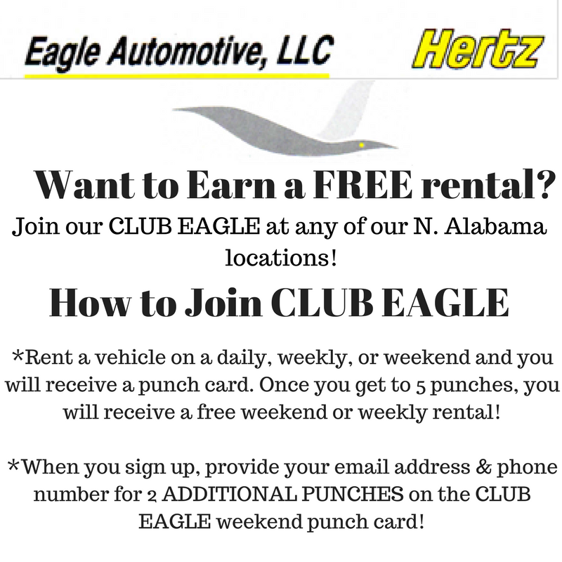 EagleAutoLLC's tweet photo. Join #ClubEagle today and start earning hole punches toward a FREE weekend or weekly rental! #hsv #shoals #travel https://t.co/WaNkhqEjmh https://t.co/CvneZH9ObB