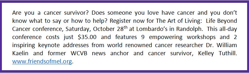FriendsofMel's tweet image. Register now! friendsofmel.org/conference/
@candyoterry @BostonWME @kelleytuthill @PanMass @thesswbn @LaurieWBZ #LifeBeyondCancer #HealthyLiving
