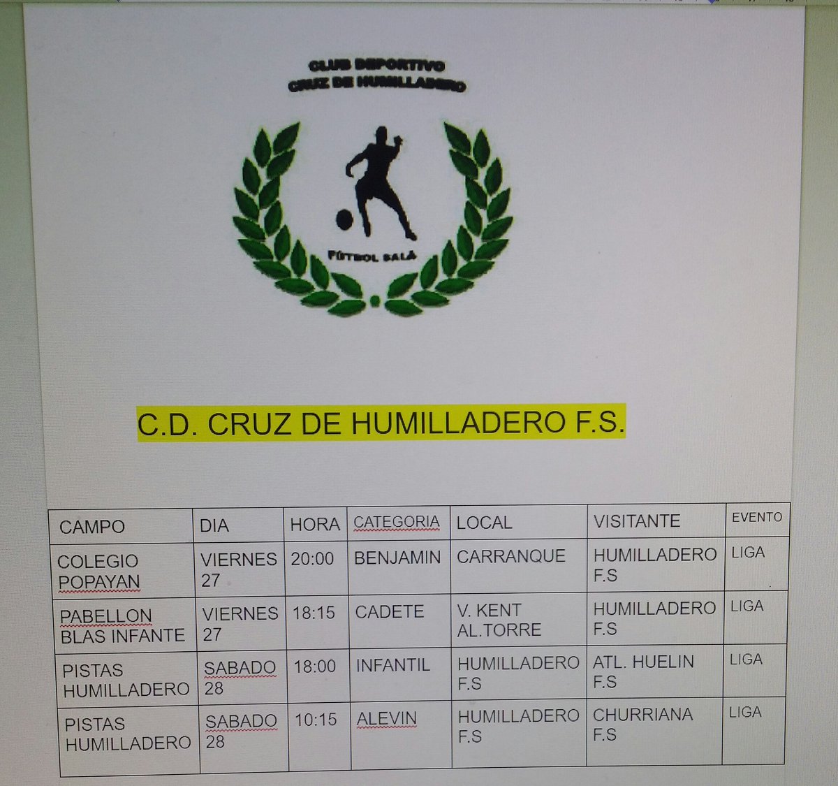 Este fin de semana empiezan nuestros equipos la liga:
Benjamin
Alevin
Infantil
Cadete

Vamos a por todas!!!💪💛⚽