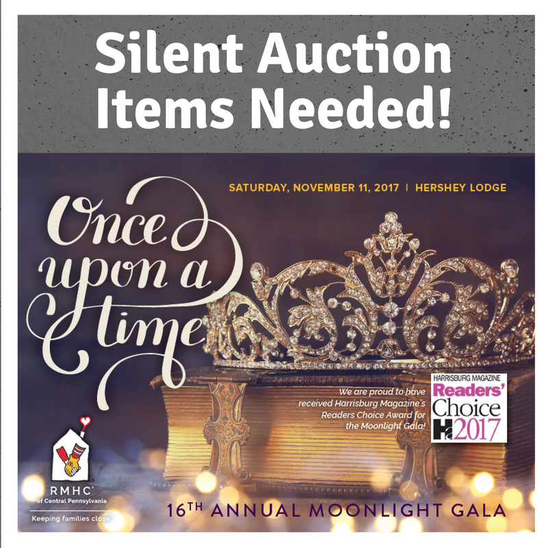 RMHCofCentralPA's tweet photo. We're seeking Silent Auction items (value of $50+) for our upcoming Gala. Please contact aleonard@rmhc-centralpa.org to donate. Thank you! https://t.co/Tf5rkeIzFy