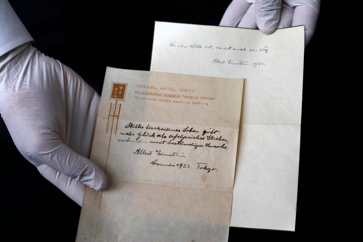 MktVue's tweet photo. Einstein scribbled his theory of happiness in place of a tip. It just sold for more than $1 million. https://t.co/5iJp75RzEv https://t.co/w47VM3DjJg