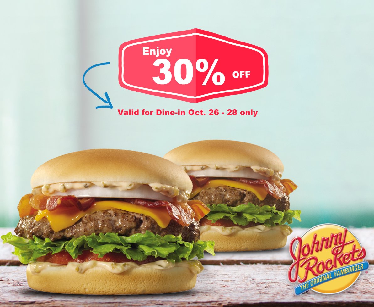 JRocketsQTR's tweet photo. One more reason to love this weekend! Get 30% off at Johnny Rockets from October 26 to 28, 2017! Click more info https://t.co/yzFOfp0UTk https://t.co/EgcKEvCdHS