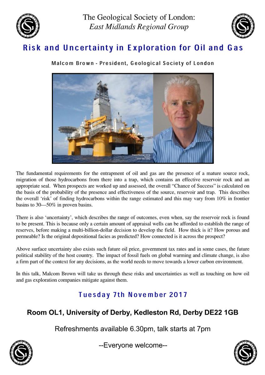 EMRGGeolSoc's tweet photo. As the nights draw in, our talks offer a welcome escape from the dreary outdoors. Join @geolsoc President on 7 Oct @DerbyUni to talk #Risk https://t.co/nhmK3jcxMW