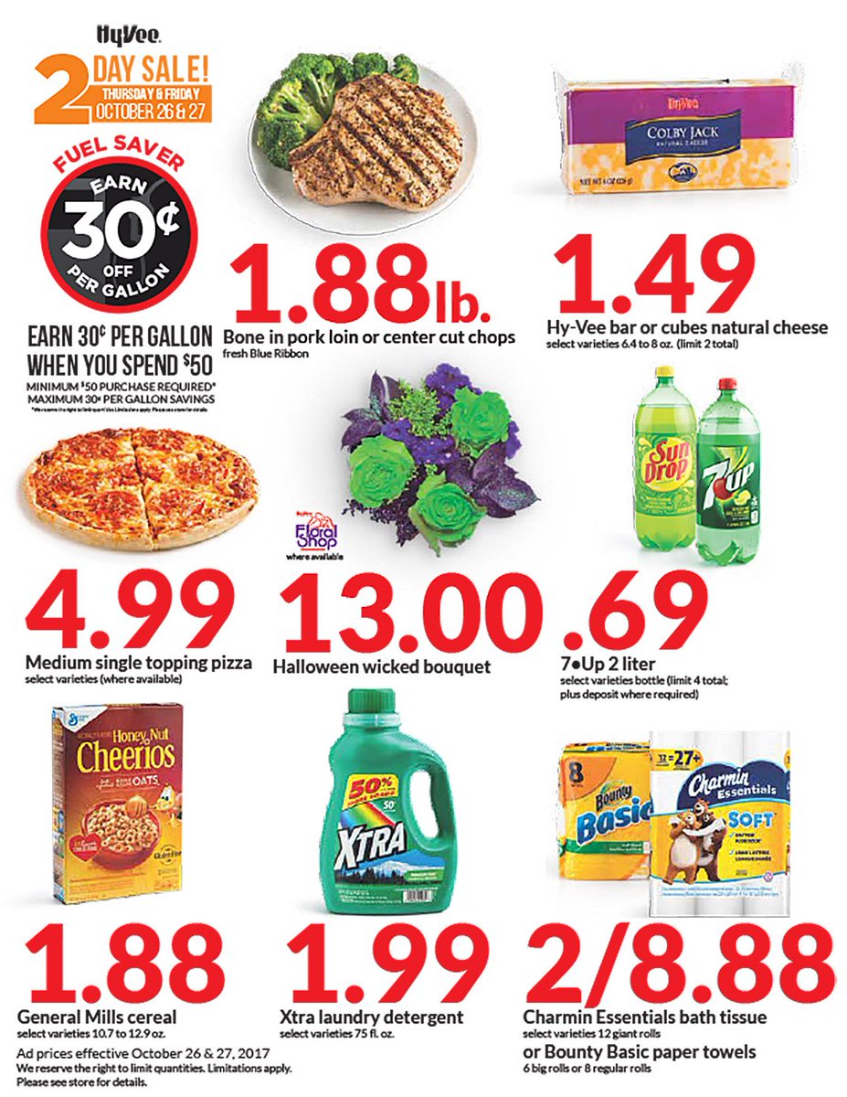 Marshall_HyVee's tweet photo. Our 2 Day Sale starts today! Thursday &amp; Friday - October 26th &amp; 27th, save on these 20 items. Earn 30¢ OFF per gallon when you spend $50 🛒💸 https://t.co/bZVW8NpV7t