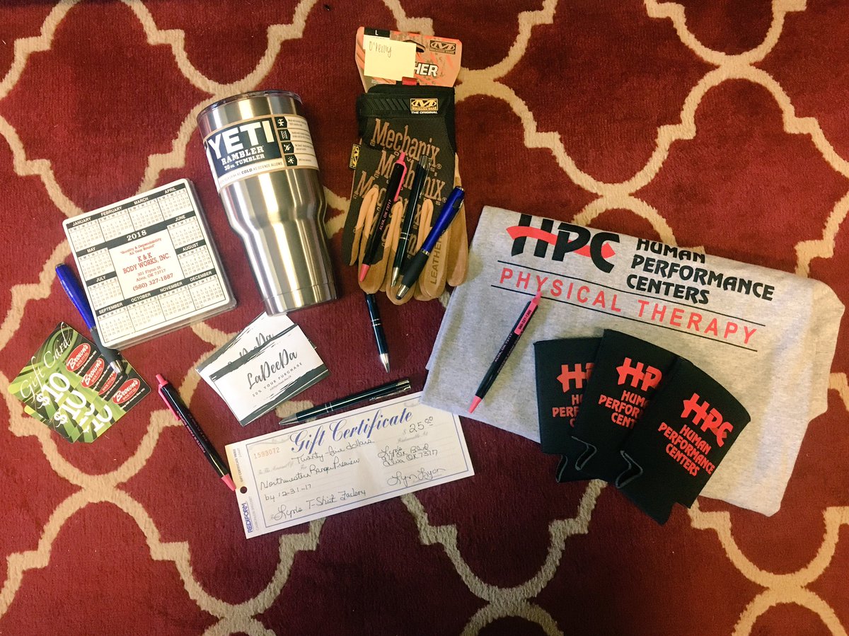 whaddupliv's tweet photo. Just a sneak peek of a few of the giveaways and prizes for #RangerPreview2017 !!!!! Our businesses in Alva rock! #NWOSU #RRR https://t.co/vrrEMvO1t3