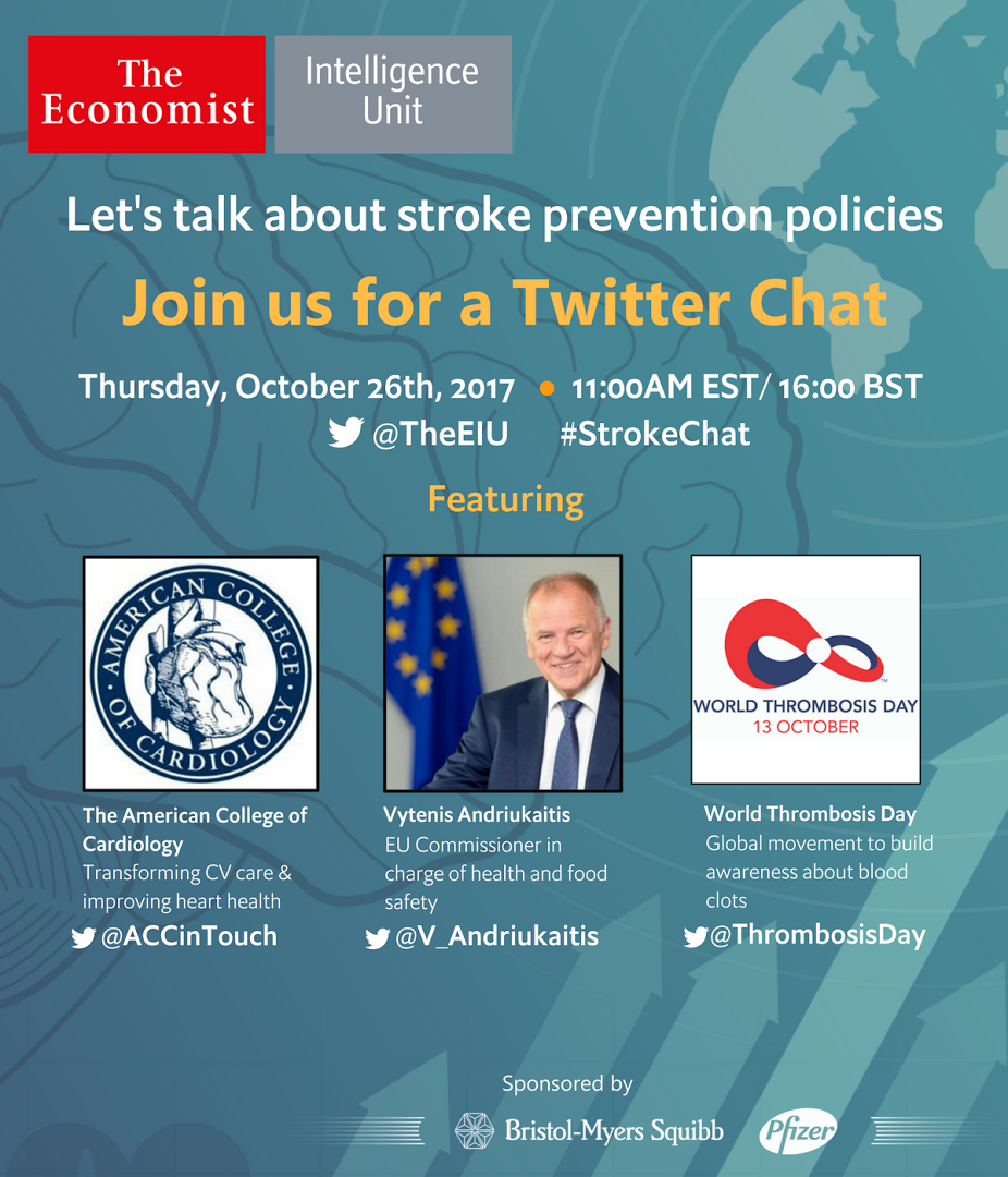 #StrokeChat, hosted by <a href="/TheEIU/">Economist Intelligence: EIU</a>, starts in 45 mins (11am EST / 4pm BST / 5pm CEST), featuring <a href="/V_Andriukaitis/">Vytenis Andriukaitis</a>, <a href="/ACCinTouch/">American College of Cardiology</a> &amp; <a href="/thrombosisday/">World Thrombosis Day</a>