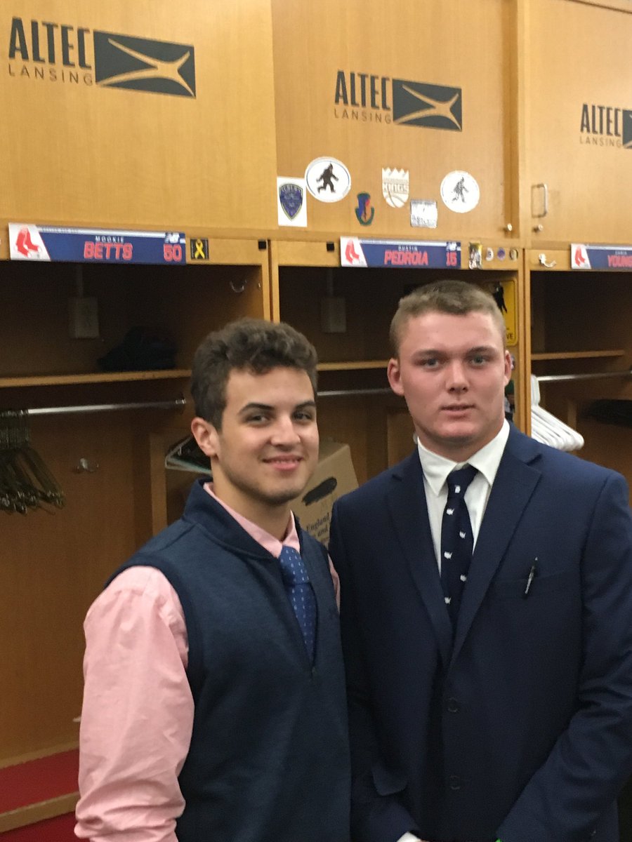 SHSAnchorUp's tweet photo. Scituate football captains visiting Fenway in the home locker room. https://t.co/6owiJo4x5t