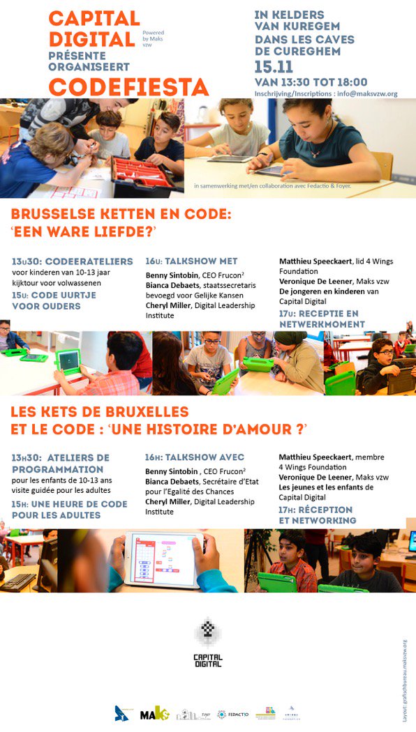 CapitalDigitalB's tweet photo. Kom jij ook naar #CodeFiesta? Leer meer over Capital Digital en doe mee aan de leuke code-activiteiten voor kids én volwassenen. #makeredu https://t.co/Tid5qcYs5k
