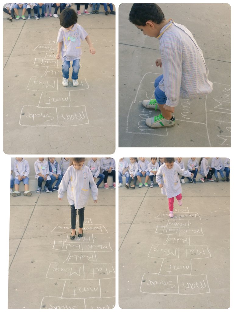 diana_danab's tweet photo. KG3C identifying words that start with letter M through the hopscotch chalk game. #gross_motor  #letter_M #learning_is_fun @DawhaHighSchool https://t.co/yoAkg0TQyx